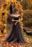 A-line Off Shoulder Simple Black Forest Wedding Dresses WD690-Pgmdress