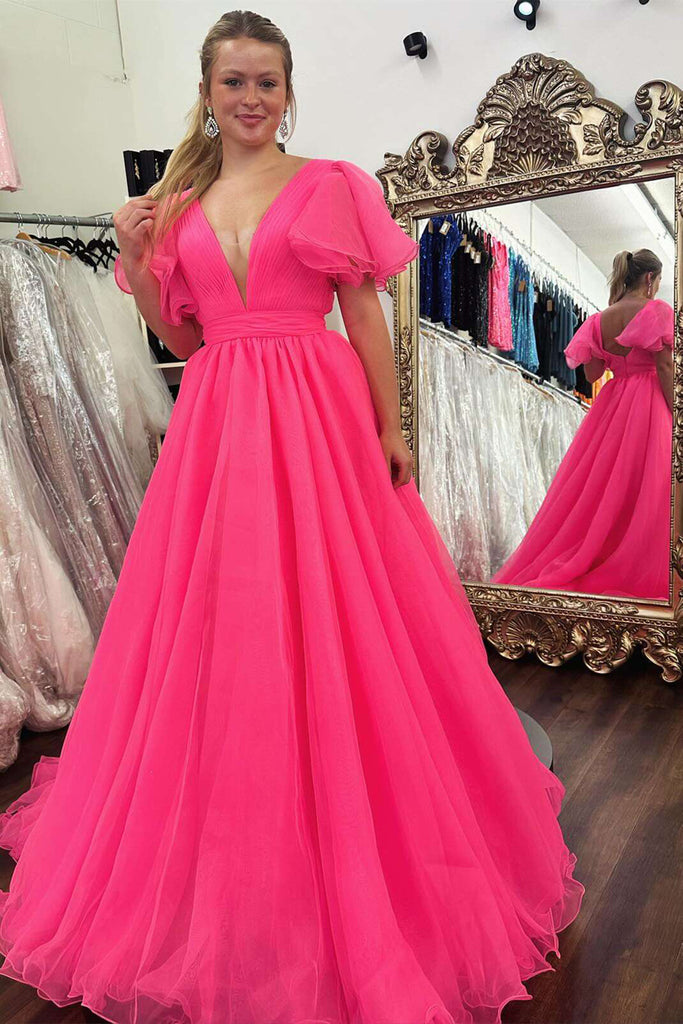 A-line Plunge V Ruffled Sleeve Hot Pink Long Prom Dress Formal Dress Pgmdress A-line Plunge V Ruffled Sleeve Hot Pink Long Prom Dress Formal Dress Pgmdress