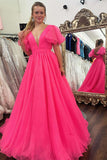 A-line Plunge V Ruffled Sleeve Hot Pink Long Prom Dress Formal Dress-Pgmdress