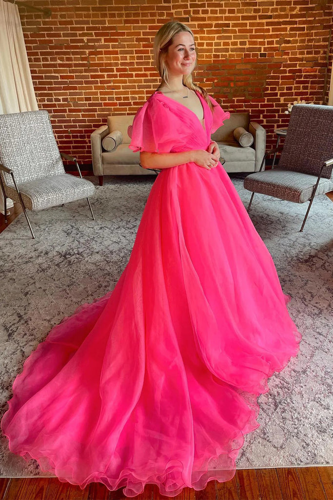 hot pink formal dress with sleeves Long Glitter Prom Dress with Draped Sleeve Fuchsia / 6