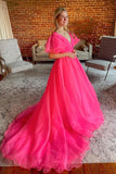 A-line Plunge V Ruffled Sleeve Hot Pink Long Prom Dress Formal Dress-Pgmdress