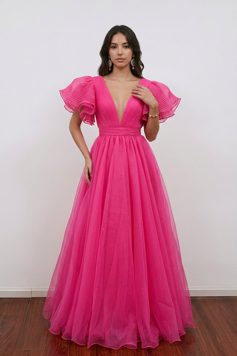A-line Plunge V Ruffled Sleeve Hot Pink Long Prom Dress Formal Dress-Pgmdress