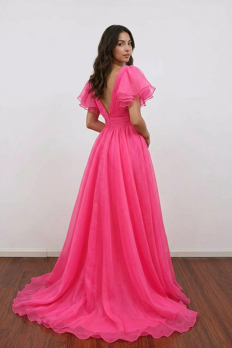 A-line Plunge V Ruffled Sleeve Hot Pink Long Prom Dress Formal Dress-Pgmdress