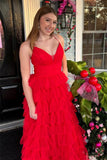 A-line Red Layers Plunging V Neck Long Prom Dress PSK487