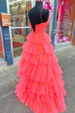 A-line Red Layers Plunging V Neck Long Prom Dress PSK487-Pgmdress