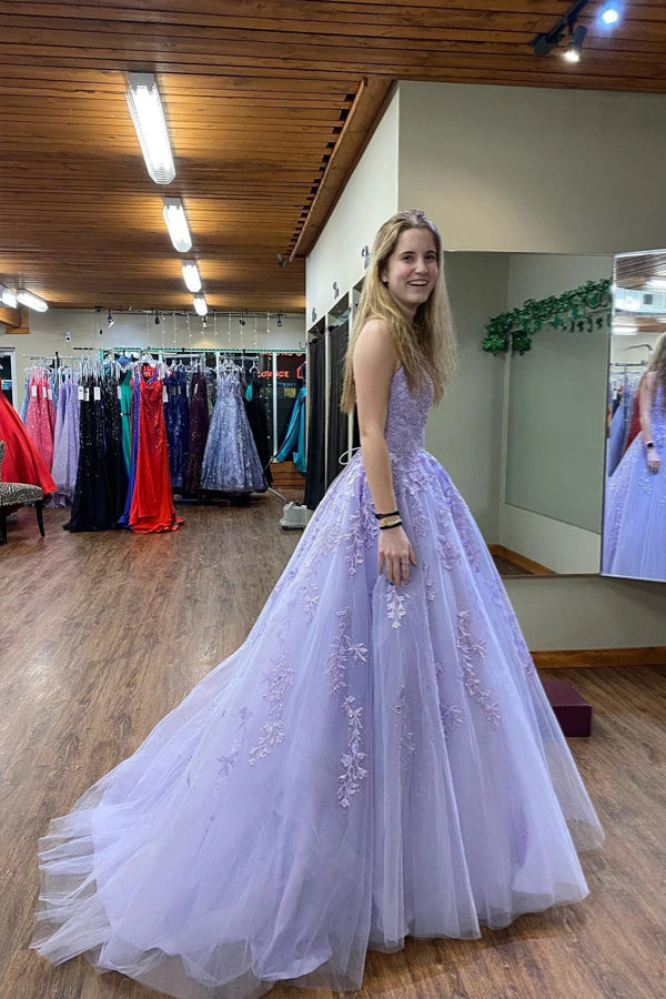 A-line Round Neck Tulle Lilac Long Prom Dress Party Dress PSK666-Pgmdress