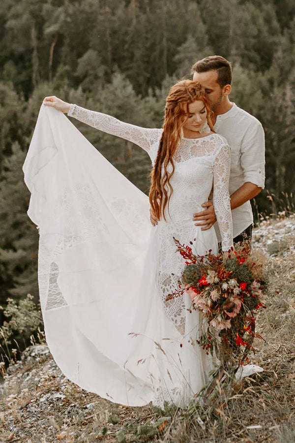 Lace Bodice V Neck Bridal Dresses White Backless A Line Wedding Dress –  Pgmdress