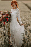 A-line Scoop Neck Backless Long Sleeves Beach Wedding Dresses WD703-Pgmdress