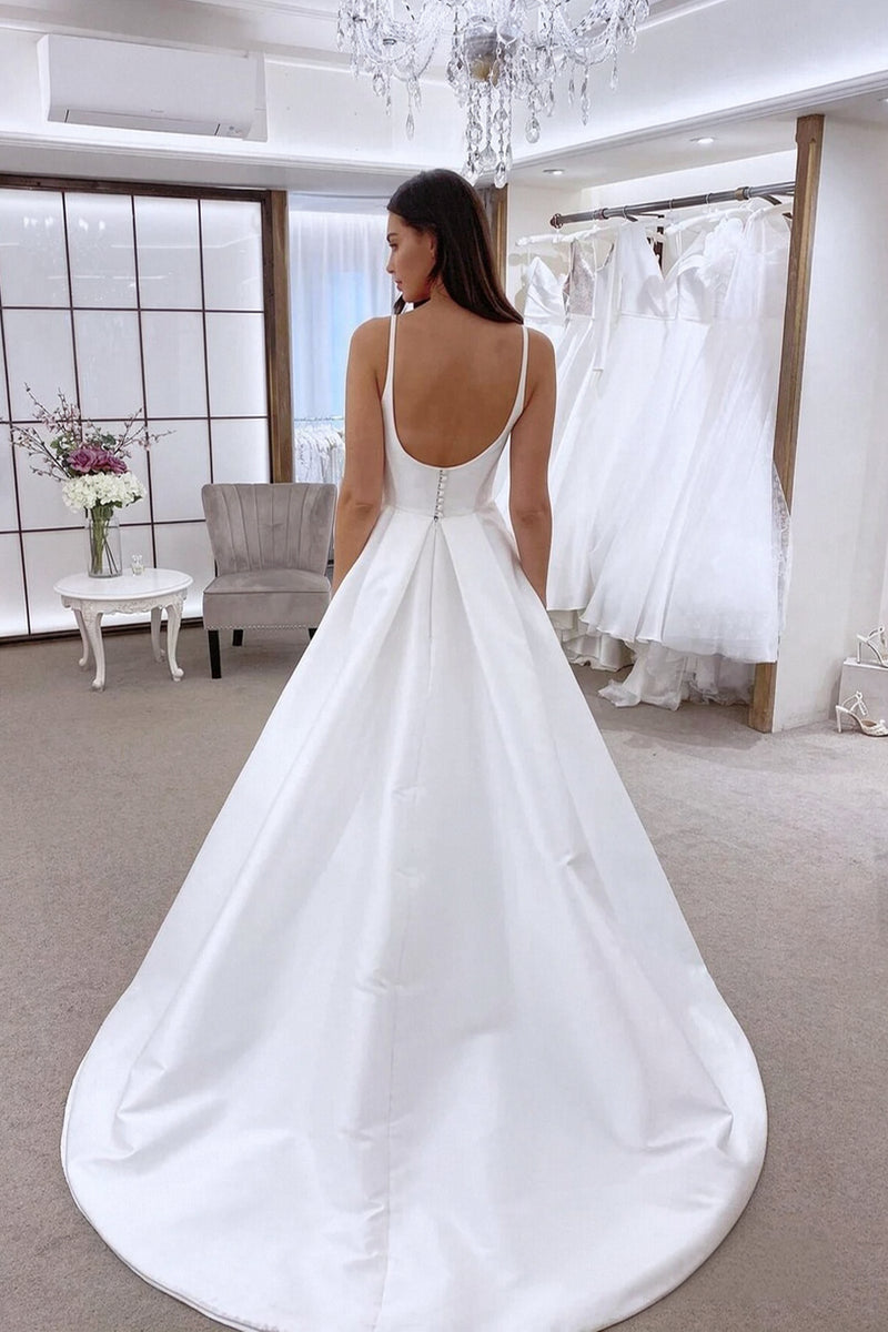 A-line Round Neck Sleeveless White Satin Wedding Dress Bridal Gown-Pgmdress