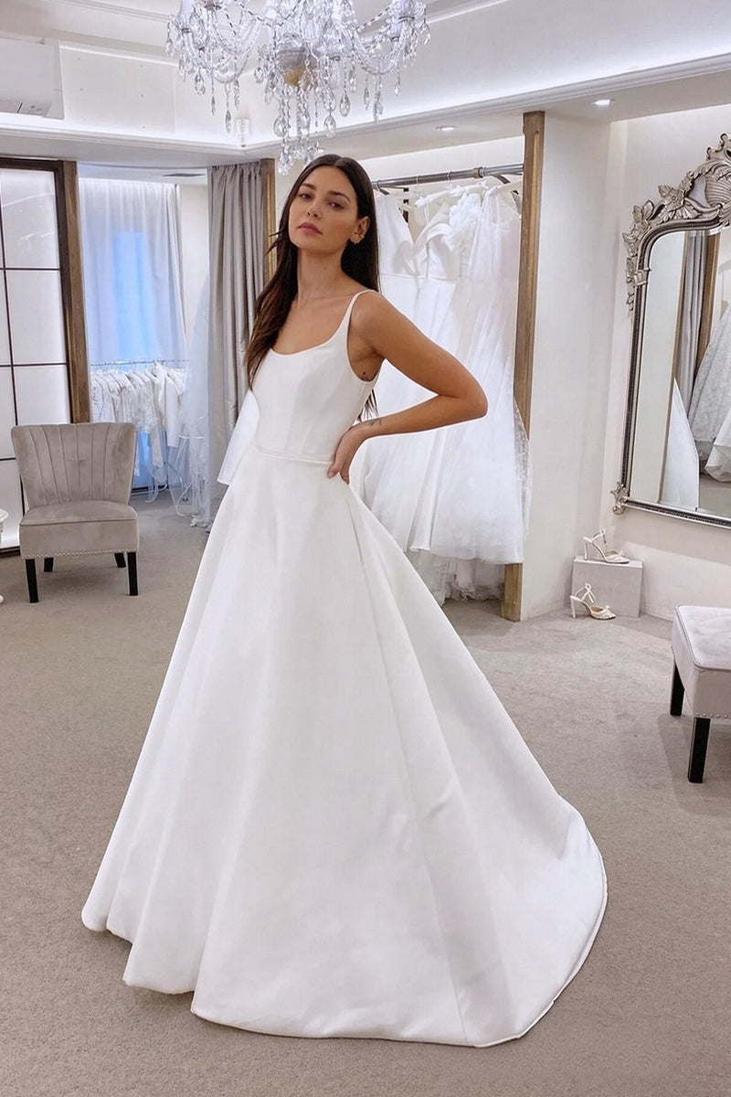 A-line Round Neck Sleeveless White Satin Wedding Dress Bridal Gown-Pgmdress