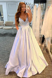 A-line Silver V Neck Satin Long Prom Dress Sparkly Evening Dress PSK254