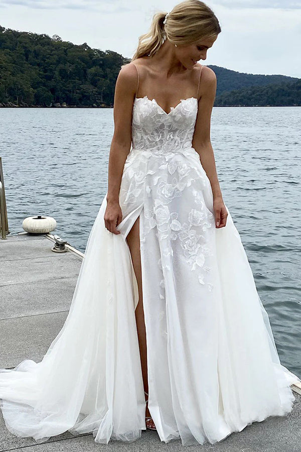 A-line Spaghetti Straps Sleeveless Lace Beach Wedding Dress WD784-Pgmdress