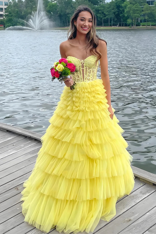A-line Strapless Layered Yellow Long Prom Dress Party Dress PSK621-Pgmdress