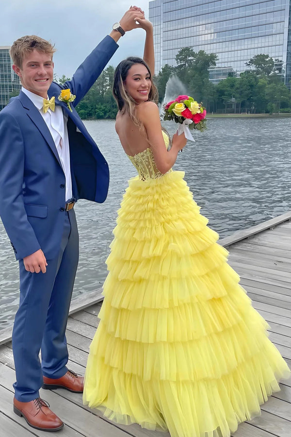 A-line Strapless Layered Yellow Long Prom Dress Party Dress PSK621-Pgmdress