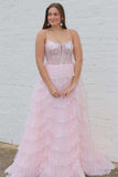 A-line Straps Plunging Neck Pink Sequin Lace Prom Dresses PSK484-Pgmdress