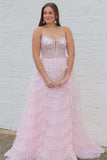 A-line Straps Plunging Neck Pink Sequin Lace Prom Dresses PSK484