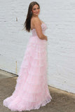 A-line Straps Plunging Neck Pink Sequin Lace Prom Dresses PSK484-Pgmdress