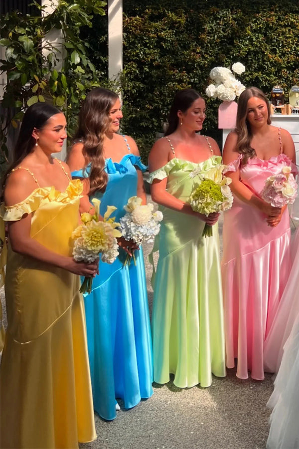 A-Linie Träger Rüschen Hals gerafft Langes Brautjungfernkleid BD151