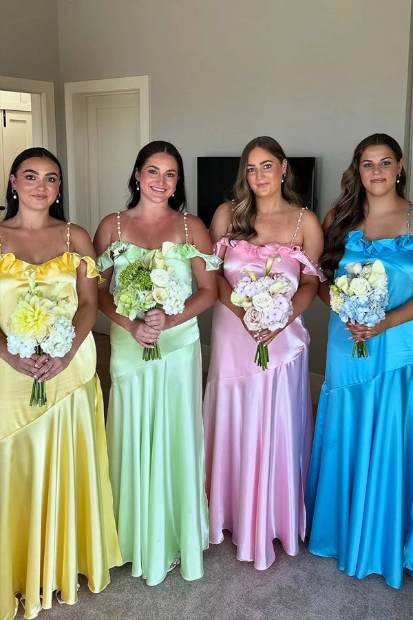 A-Linie Träger Rüschen Hals gerafft Langes Brautjungfernkleid BD151