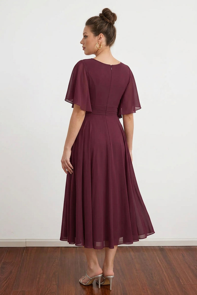 A-line V-Neck Pleated Chiffon Burgundy Mother of The Bride Dress-Pgmdress
