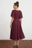 A-line V-Neck Pleated Chiffon Burgundy Mother of The Bride Dress-Pgmdress