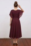 A-line V-Neck Pleated Chiffon Burgundy Mother of The Bride Dress-Pgmdress