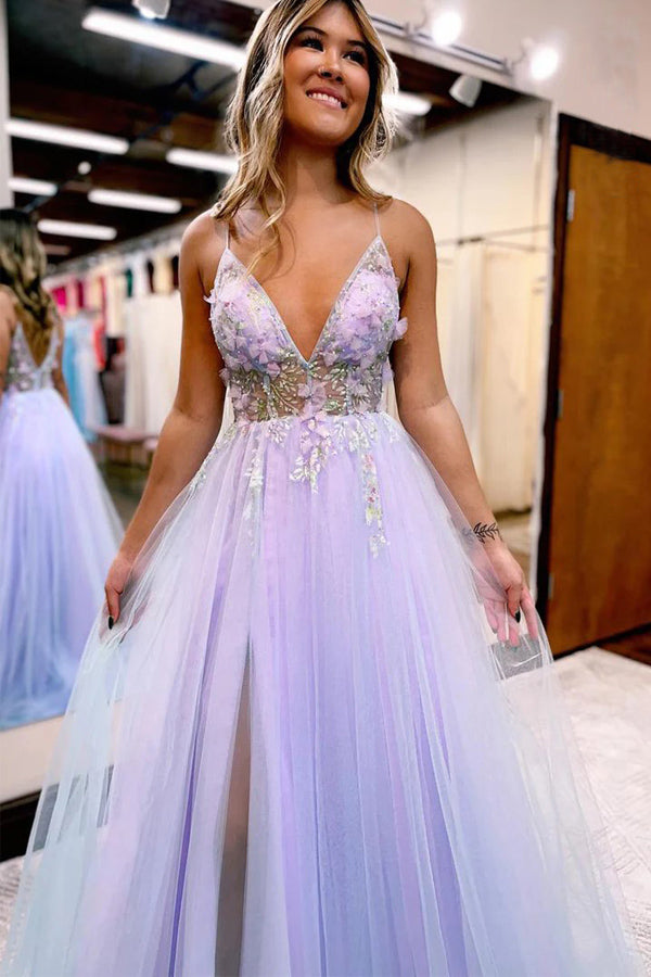 Sexy Spaghetti Straps Tulle V Neck Lavender Long Beaded Sleeveless Prom  Dresses RJS133 - Purple