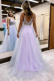 A-line V-Neck Spaghetti Straps Slit Tulle Prom Dress PSK523-Pgmdress