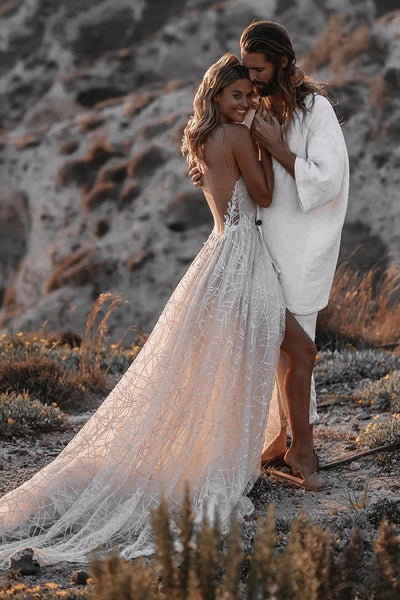 A-line V-neck Backless Sequin Beach Wedding Dress Bridal Gown US6 / White A-line V-neck Backless Sequin Beach Wedding Dress Bridal Gown US6 / White