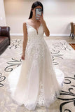 A-line V -neck Sweep Train Wedding Dresses With Lace Appliques WD698