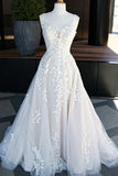 A-line V -neck Sweep Train Wedding Dresses With Lace Appliques WD698-Pgmdress