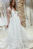 A-line V Neck Elegant Floral Lace Wedding Dresses WD697