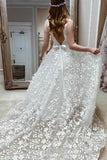 A-line V Neck Elegant Floral Lace Wedding Dresses WD697-Pgmdress
