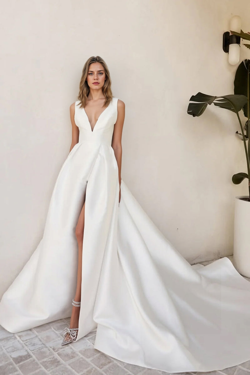 A-line V Neck Ivory Satin Simple Long Wedding Dress With Slit-Pgmdress