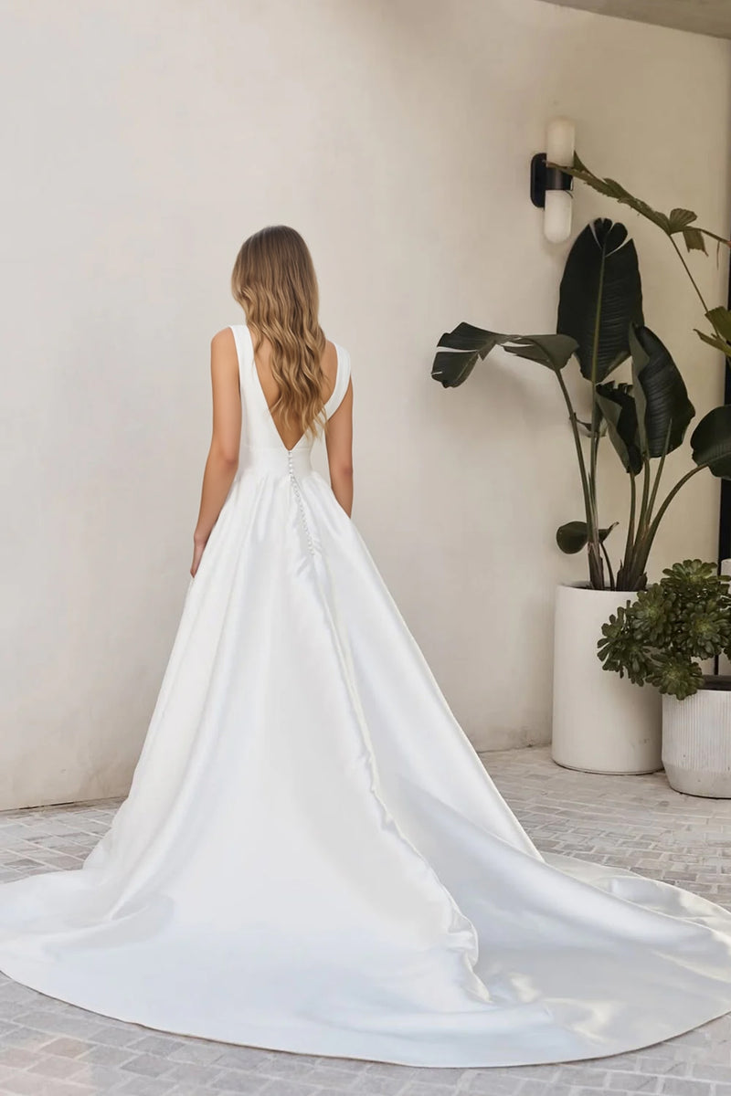 A-line V Neck Ivory Satin Simple Long Wedding Dress With Slit-Pgmdress