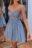 A-line V Neck Mini Tulle Homecoming Dress with Beading Sequins PD499-Pgmdress