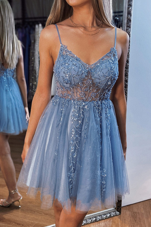 A-line V Neck Mini Tulle Homecoming Dress with Beading Sequins PD499-Pgmdress
