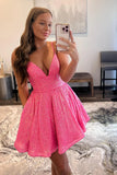 A-line V Neck Sequin Pink Homecoming Dresses Short Party Dresses  PD489
