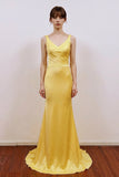 A-line V Neck Yellow Satin Long Prom Dress Formal Gown-Pgmdress