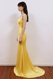 A-line V Neck Yellow Satin Long Prom Dress Formal Gown-Pgmdress