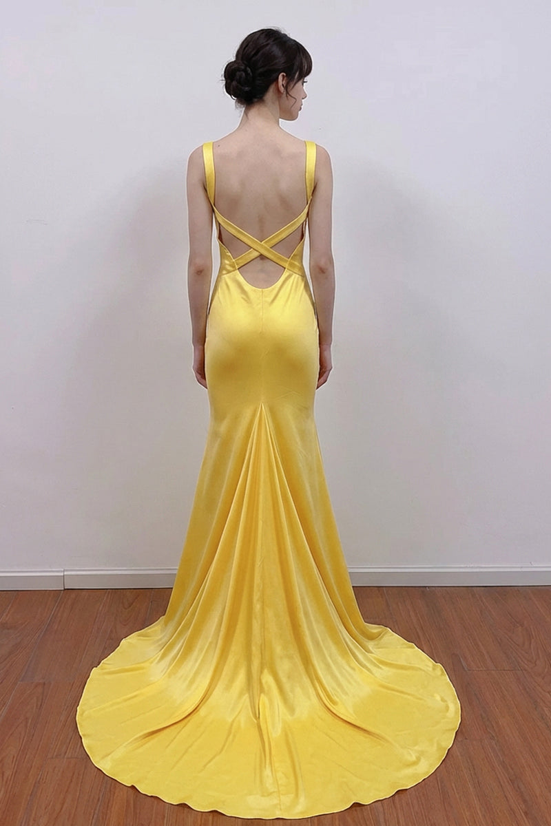 A-line V Neck Yellow Satin Long Prom Dress Formal Gown-Pgmdress