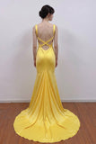 A-line V Neck Yellow Satin Long Prom Dress Formal Gown-Pgmdress