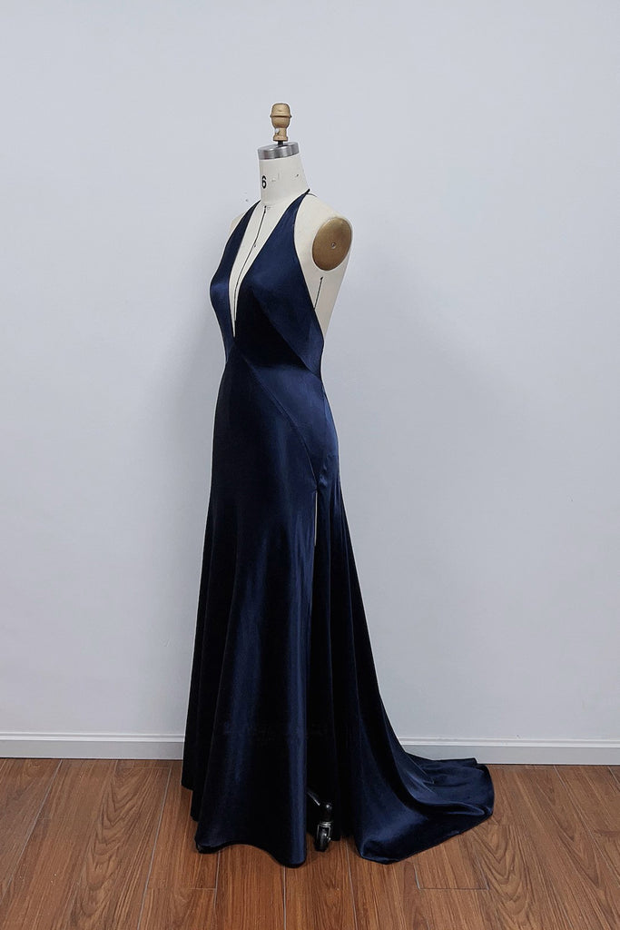 A-line Deep Halter V-neck Satin  Navy Blue Prom Dress Formal Gown
