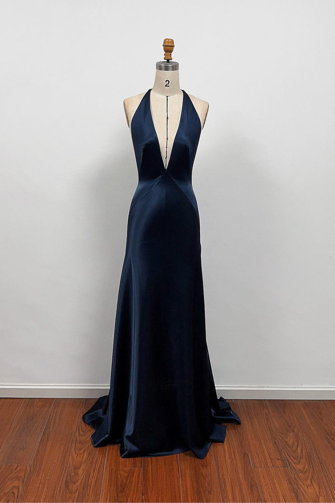 A-line Deep Halter V-neck Satin  Navy Blue Prom Dress Formal Gown