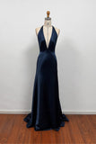 A-line Deep Halter V-neck Satin  Navy Blue Prom Dress Formal Gown