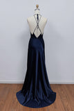A-line Deep Halter V-neck Satin  Navy Blue Prom Dress Formal Gown