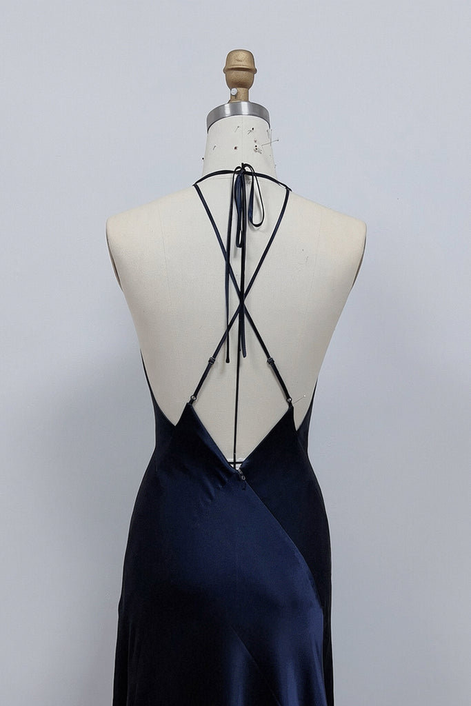 A-line Deep Halter V-neck Satin  Navy Blue Prom Dress Formal Gown-Pgmdress