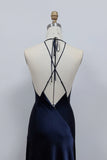 A-line Deep Halter V-neck Satin  Navy Blue Prom Dress Formal Gown-Pgmdress