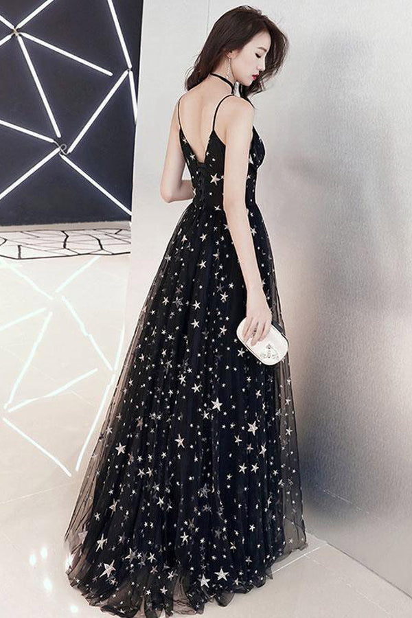 A-line Star Lace Beautiful Chic Black Long Prom Dress PSK173-Pgmdress