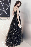 A-line Star Lace Beautiful Chic Black Long Prom Dress PSK173-Pgmdress